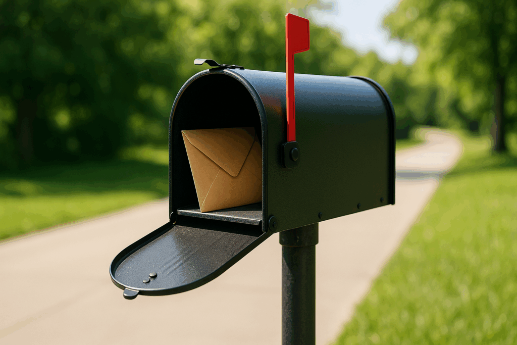 A traditional mailbox at the end of a driveway in bright daylight, with its door slightly open and a single brown envelope inside.